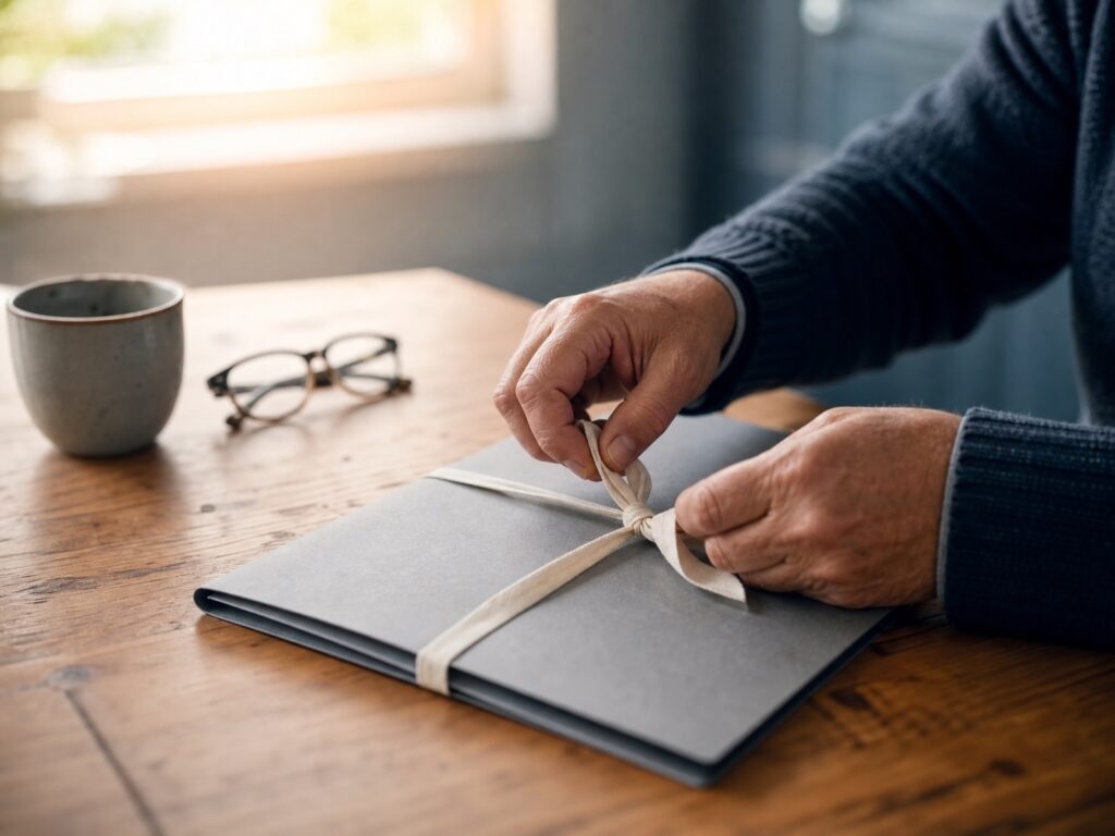 Le mani di una persona seduta a un tavolo mentre chiudono con un nastro una cartella di documenti, a rappresentare la chiusura della posizione debitoria