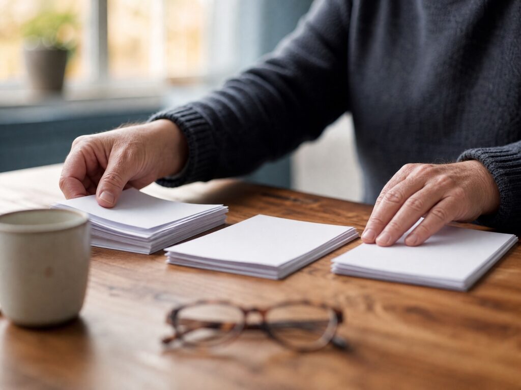 Le mani di una persona seduta a un tavolo mentre dividono documenti in tre pile ordinate, a rappresentare la ricostruzione della posizione debitoria